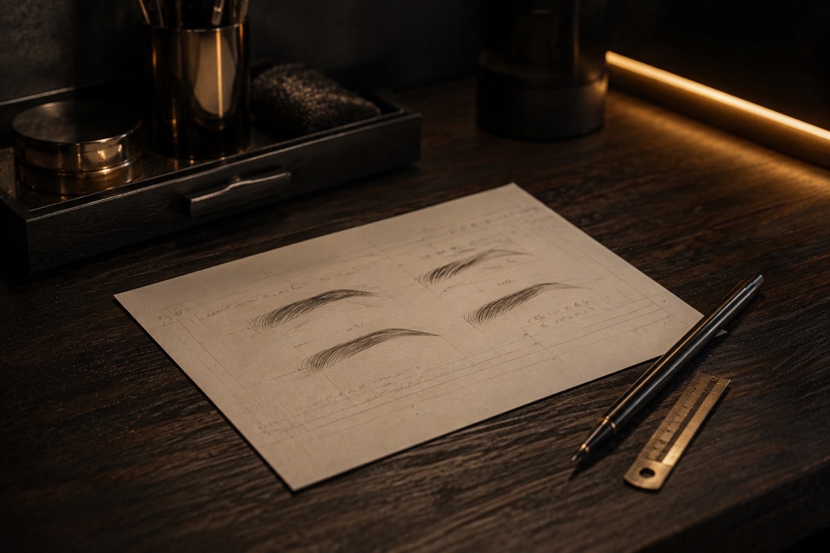 眉のデザイン画とペン、定規
